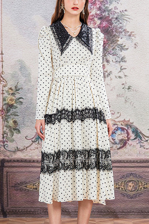Beige/Black Doll Collar Vintage Lace Patchwork Polka Dot Print Long Sleeves High Waisted Long Sweet Lolita OP Dress - Beige/Black - 1