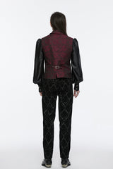 Red Sleeveless Jacquard Buckle Zip Men's Gothic Waistcoat - Product - 6