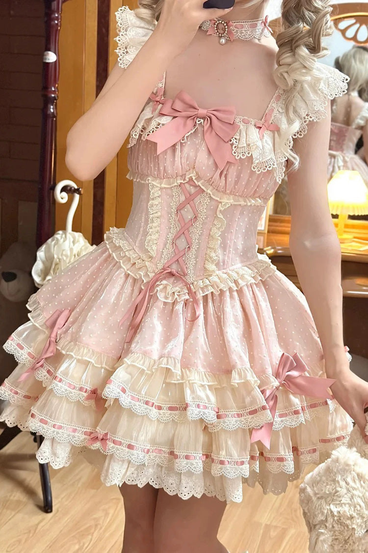 Pink Triple-Layered Bowknot Lace-Up Sweet Princess Ballet Lolita Jsk Dress - Product - 3