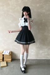Black/White [Moonlit Poem] Stand Collar Off Shoulder Short Sleeves High Waisted Ruffled Bow Lace Sweet Princess Lolita Dress - Product - 10