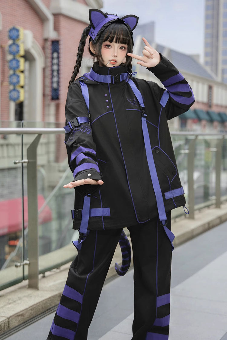Blue/Black Long Sleeves Print Cat Ears Hooded Jirai Kei Handsome Coat - Product - 9
