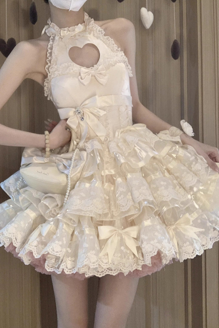 Apricot Heartbeat Multi-Layered Ruffle Heart Shape Hollow Bowknot Sweet Ballet Lolita Dress - Product - 3