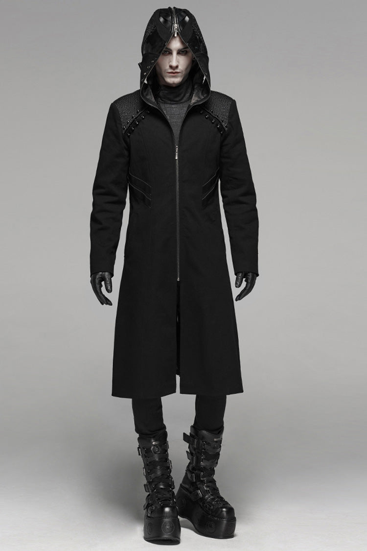 Black Long Sleeves Hooded Rivet Men's Punk Military Long Jacket - Product - 4