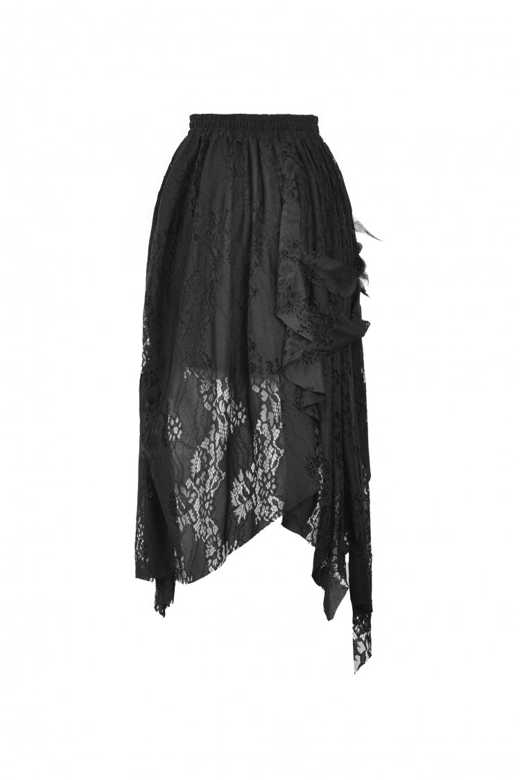 Black Women's Gothic Lace Irregular Distressed Hanky‑Hem Skirt - Product - 16