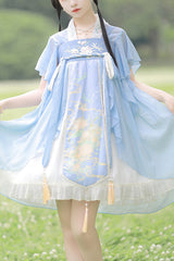 Blue Neckline Embroidered Lotus Print Sweet Lolita Dress Full Set - Blue - 1