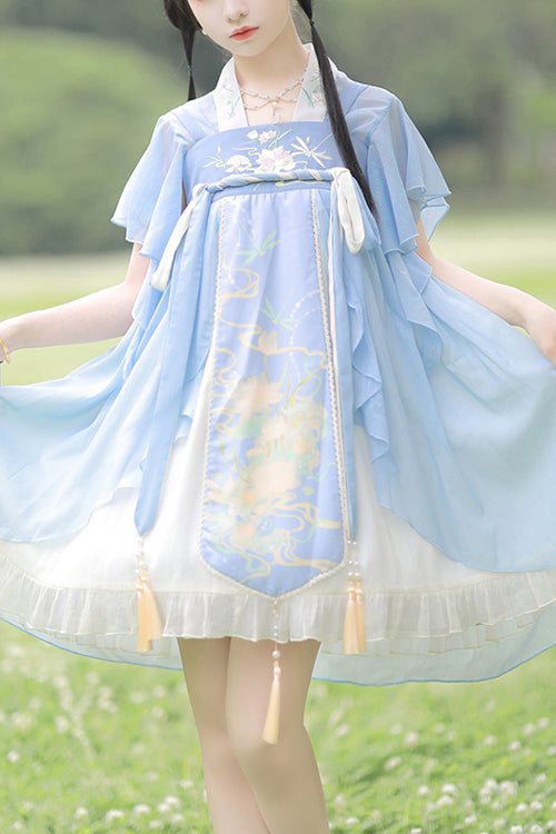 Blue Neckline Embroidered Lotus Print Sweet Lolita Dress Full Set - Blue - 1