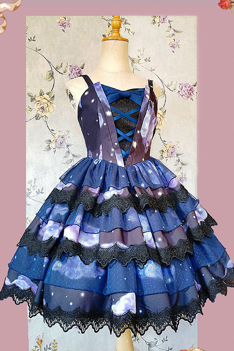 Blue Triple-Layered Clouds Print Ruffle Stitching Lace Sweet Lolita Dress - Product - 3