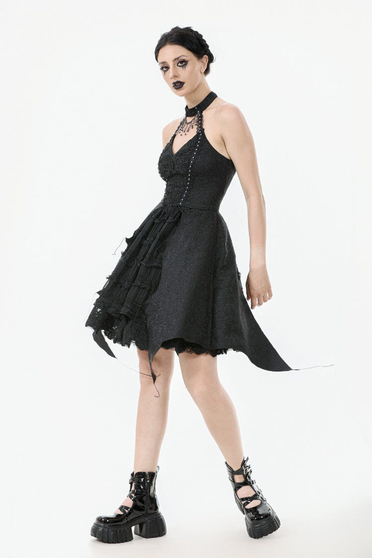 Black Off Shoulder Halterneck Sleeveless Lace Lace-Up Women's Gothic Party Dress - Product - 6
