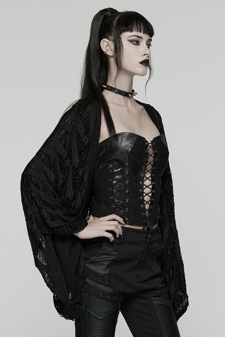 Black Long Batwing Sleeves Ripped Women's Punk Cardigan - Product - 2