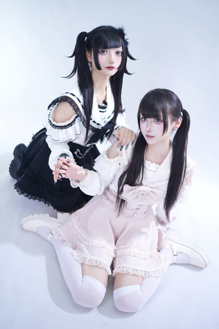 ピンク [Apprentice Witch] オフショルダー ネイビー 襟 半袖 フリル リボン レース パール Detail クラシカル 地雷系 和風 スカートセット 商品画像