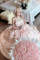 Pink [Softly Into Dreams] Halterneck Sleeveless Double-Layered Printed Ruffled Bow Lace Sweet Elegant Princess Gorgeous Lolita Jsk Long Dress - Product - 2