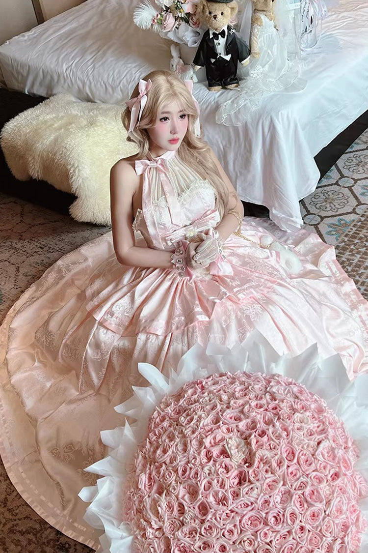 Pink [Softly Into Dreams] Halterneck Sleeveless Double-Layered Printed Ruffled Bow Lace Sweet Elegant Princess Gorgeous Lolita Jsk Long Dress - Product - 2