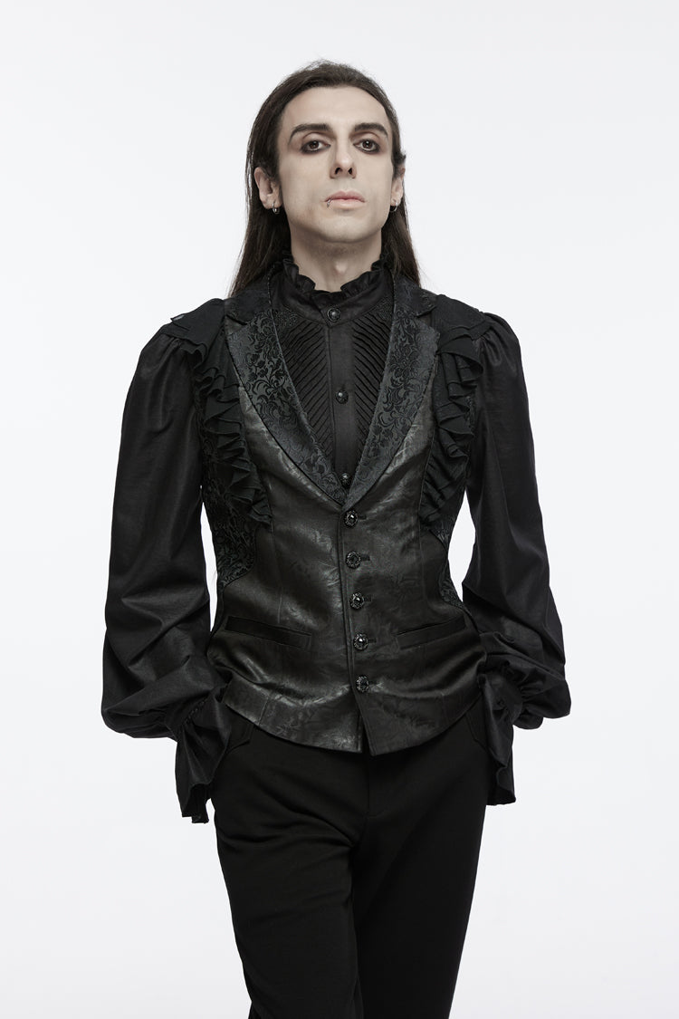 Black Sleeveless Buckle-up Ruffle Men's Gothic Vest - Product - 2