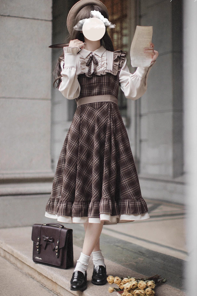Brown [The Thames at Dusk] Print Long Sleeves Ruffle Fake Two Pieces Vintage College Style Lolita Dress - Product - 6