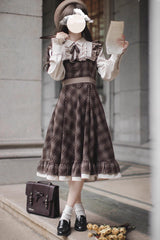 Brown [The Thames at Dusk] Print Long Sleeves Ruffle Fake Two Pieces Vintage College Style Lolita Dress - Product - 6