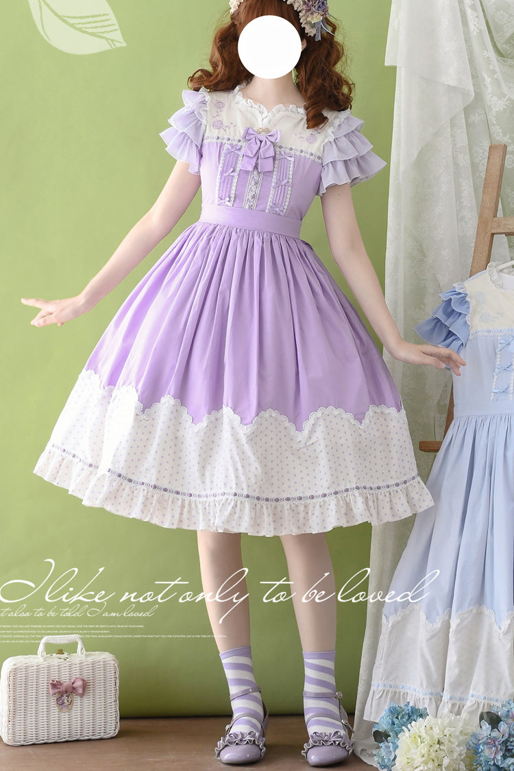 [Summer Wind] Short Sleeves Polka Dot Print Ruffle Embroidery Sweet Lolita Dress 3 Colors - Purple - 6