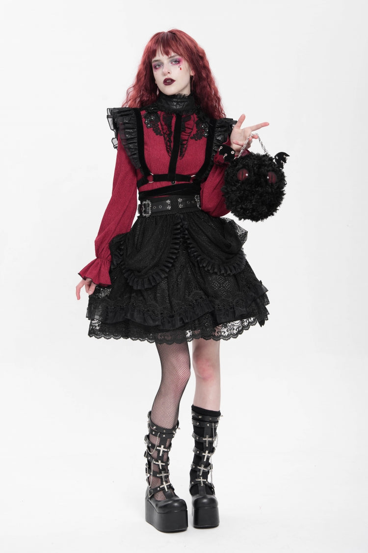 Black Multi-Layered Ruffle Buckle Straps Women's Gothic Skirt - Product - 6