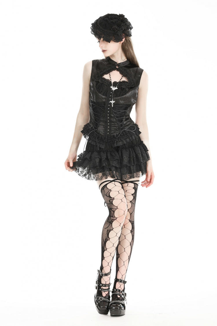 Black Sleeveless Cut-Out Lace Trim Side Lace-Up Women's Gothic Sexy Corset Top - Product - 10