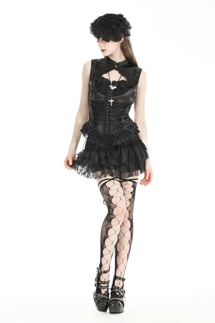 Black Sleeveless Cut-Out Lace Trim Side Lace-Up Women's Gothic Sexy Corset Top - Product - 10