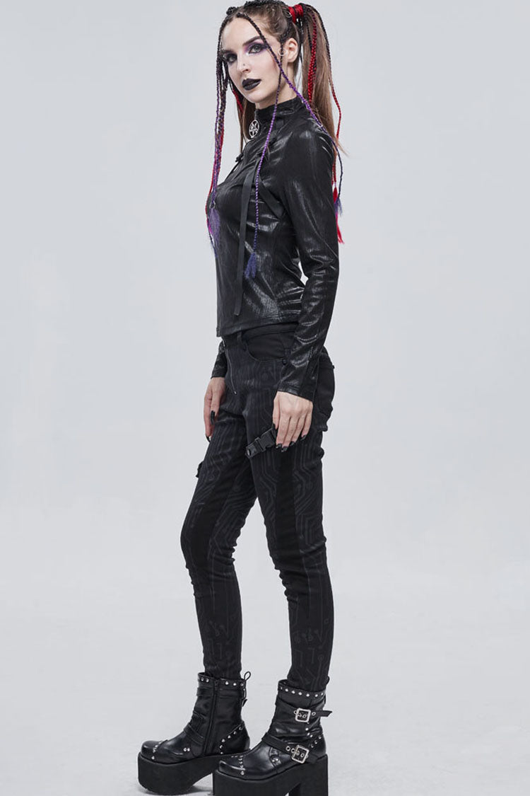 Black Punk Shimmery Stretch Fabric With Zipper Metal Pentagram Pendant Women's Shirt - Product - 6