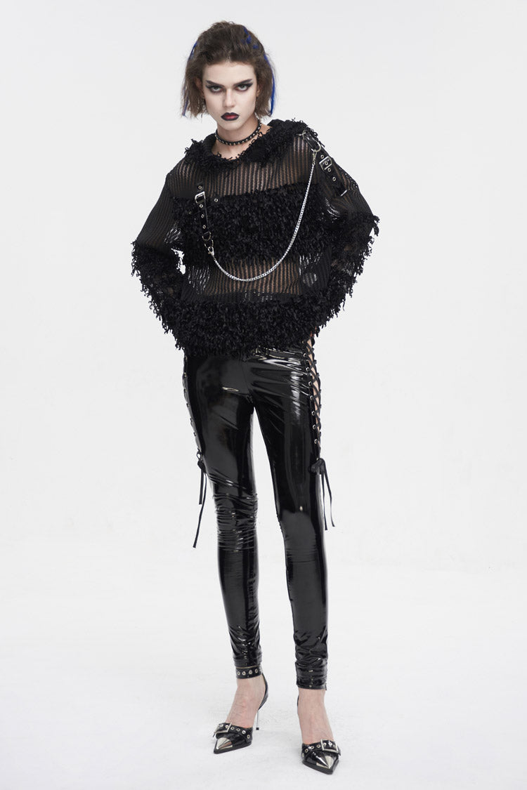 Black Segmented Mesh Matching Chain Women's Punk Hooded Sweater - Product - 2