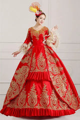 Multi-Layer Half Sleeves Trumpet Sleeves High Waisted Hollow Embroidery Floral Print Ruffled Victorian Lolita Prom Dress - Red - 5