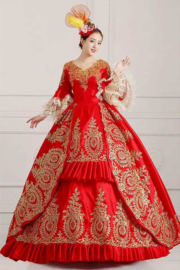 Multi-Layer Half Sleeves Trumpet Sleeves High Waisted Hollow Embroidery Floral Print Ruffled Victorian Lolita Prom Dress - Red - 5