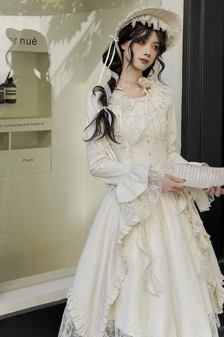 Ivory [White Tea] Long Sleeves Ruffle Bowknot Lace Irregular Classic Princess Lolita Dress - Product - 2