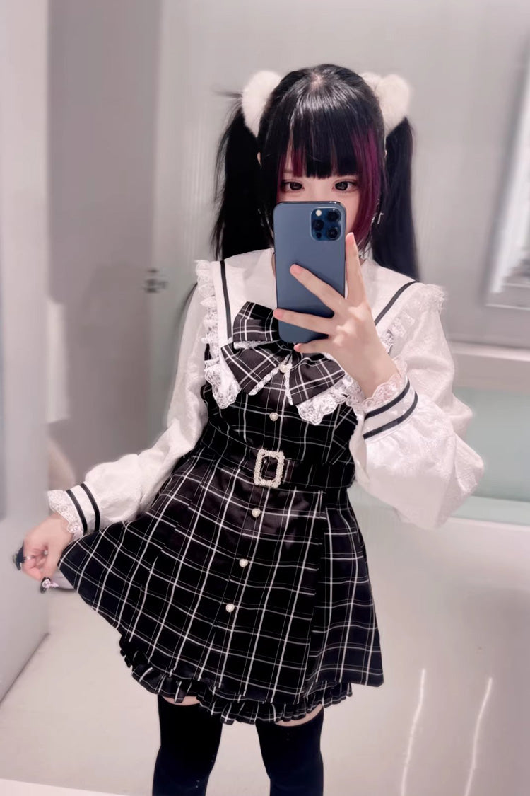 [Confession Fantasy] Lapel Collar Long Sleeves Printed Ruffled Bow Jirai Kei Japanese Dress Shorts 4 Colors - Black/White - 2