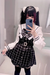 [Confession Fantasy] Lapel Collar Long Sleeves Printed Ruffled Bow Jirai Kei Japanese Dress Shorts 4 Colors - Black/White - 2