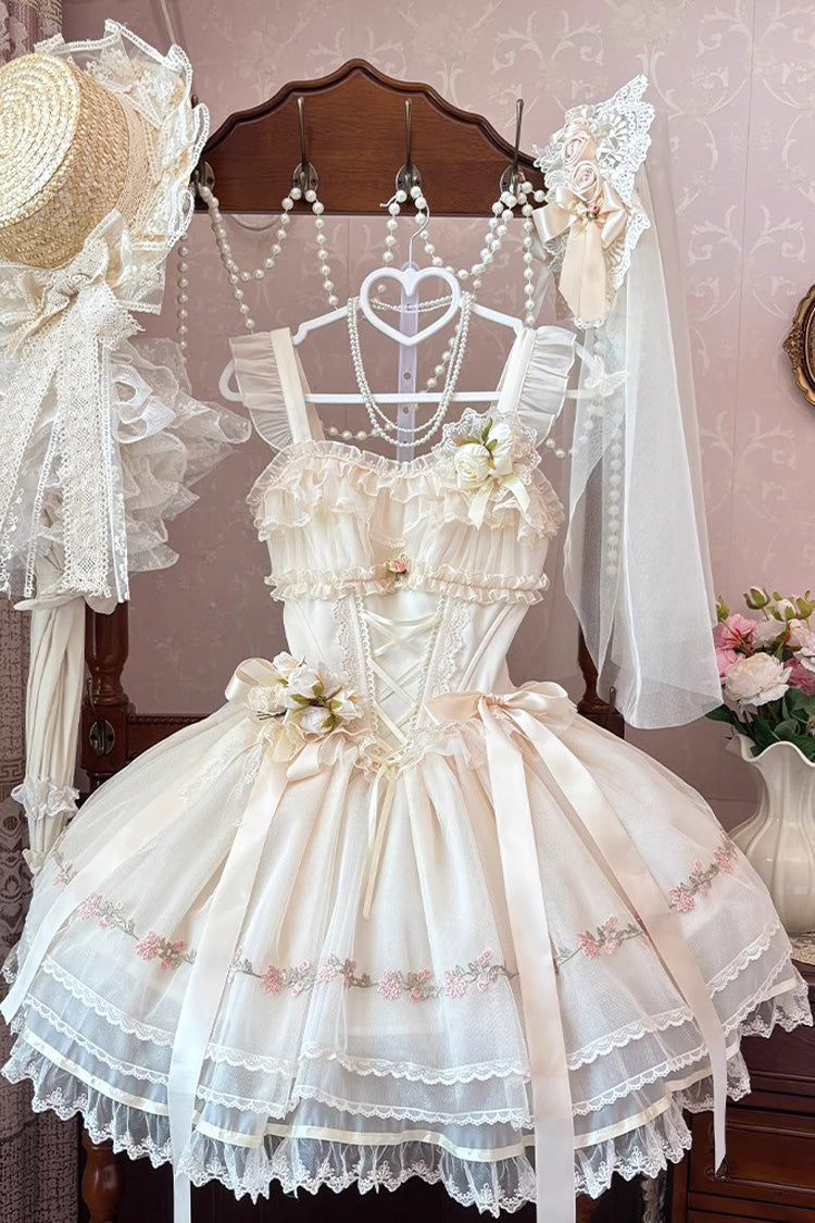 [Mist Champagne] Multi-Layered Ruffle Bowknot Lace Sweet Elegant Ballet Lolita Jsk Dress 3 Colors - Product - 3