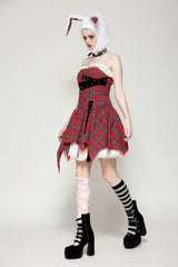Red Buckled Frayed Asymmetric Hem Women's Punk Grunge Plaid Mini Slip Dress - Product - 9