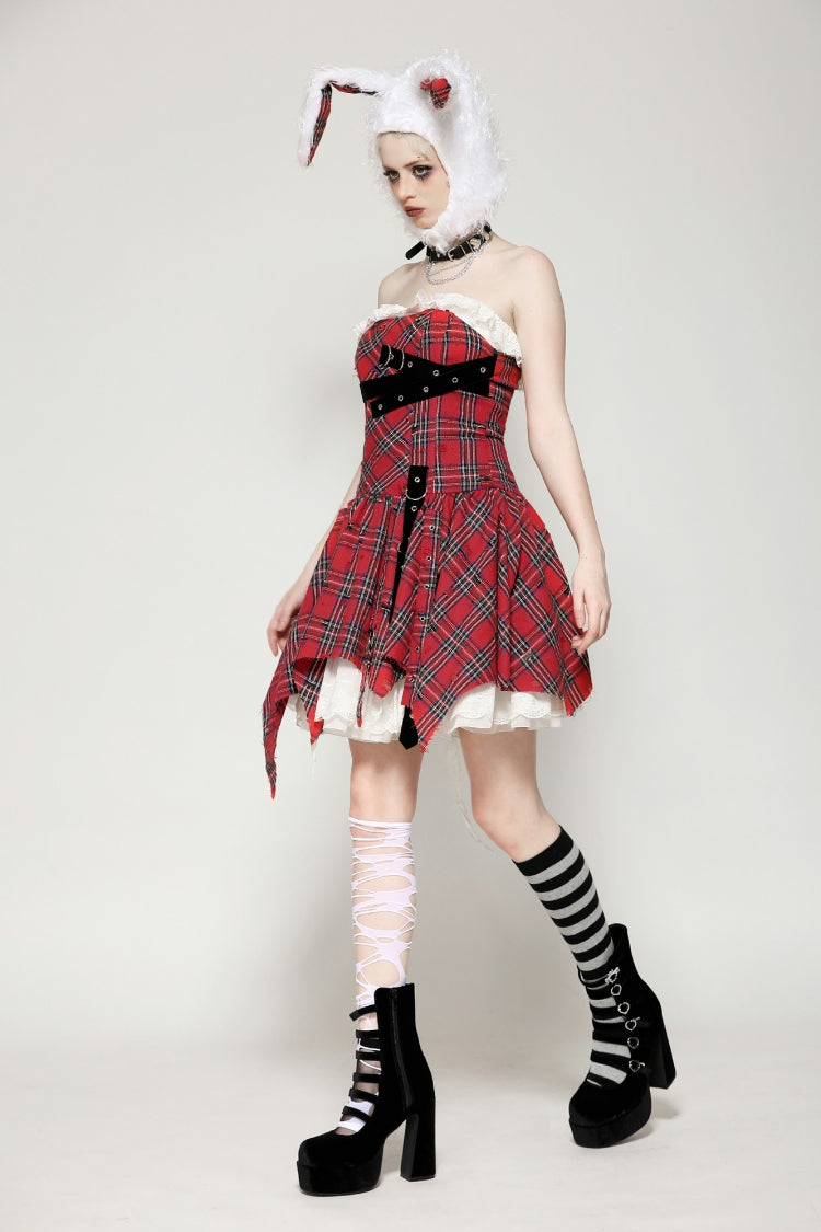 Red Buckled Frayed Asymmetric Hem Women's Punk Grunge Plaid Mini Slip Dress - Product - 9