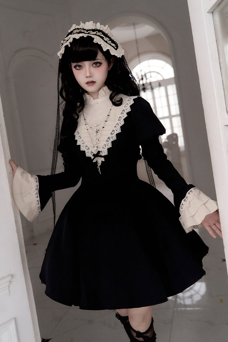Black [Letters and Poems·Nocturne] Nun Long Sleeves Ruffle Gothic Lolita Short Dress - Product - 5