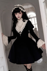Black [Letters and Poems·Nocturne] Nun Long Sleeves Ruffle Gothic Lolita Short Dress - Product - 5