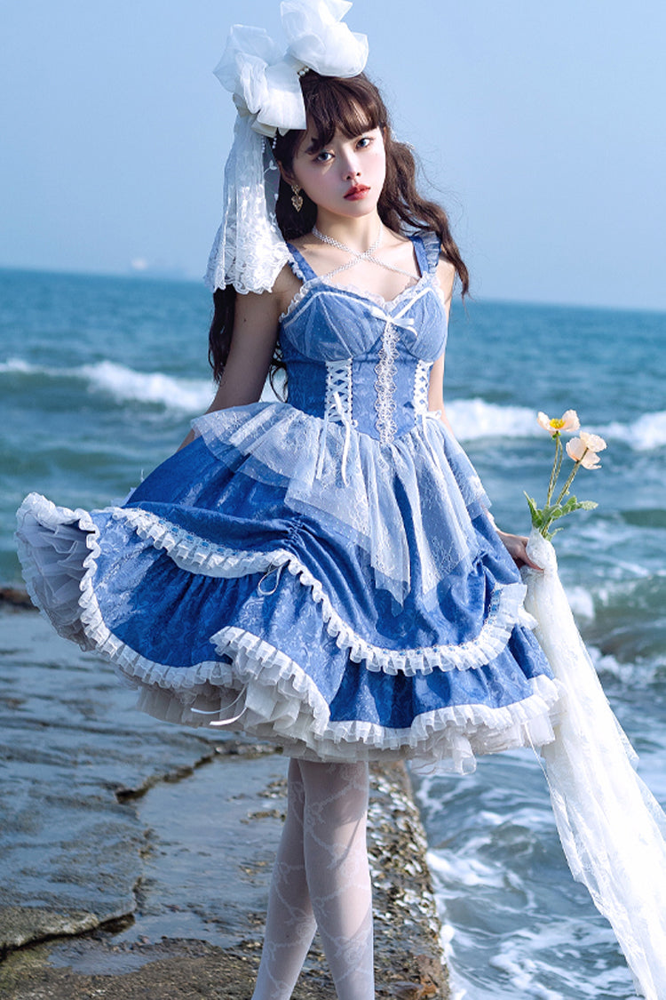 Blue Landing Drawstring Pull Up Hem Elegant Sweet Lolita Dress - Product - 2