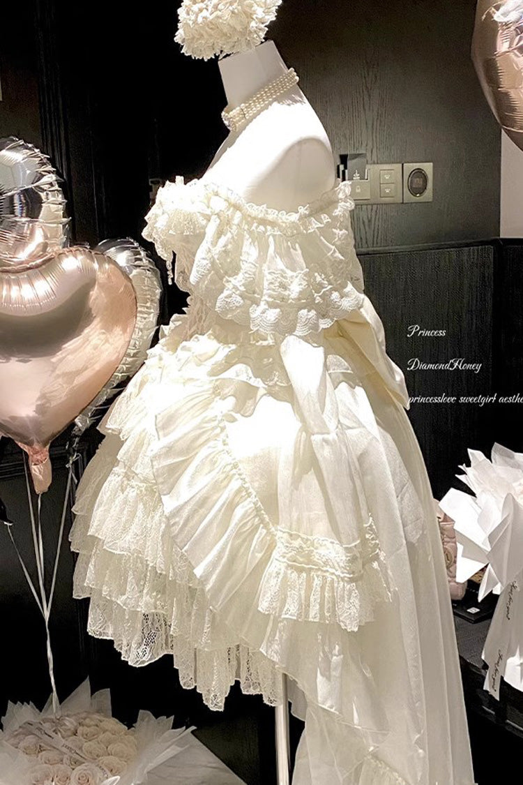 Princess Off Shoulder Multi-Layered Ruffle Bowknot Lace Sweet Elegant Lolita Strapless Dress - Product - 12