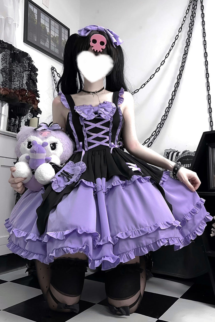Black/Purple [Halloween Little Witch] Sleeveless Double-Layered Ruffle Bowknot Lace-Up Gothic Lolita Jsk Dress - Product - 5
