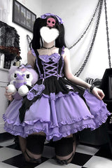 Black/Purple [Halloween Little Witch] Sleeveless Double-Layered Ruffle Bowknot Lace-Up Gothic Lolita Jsk Dress - Product - 5