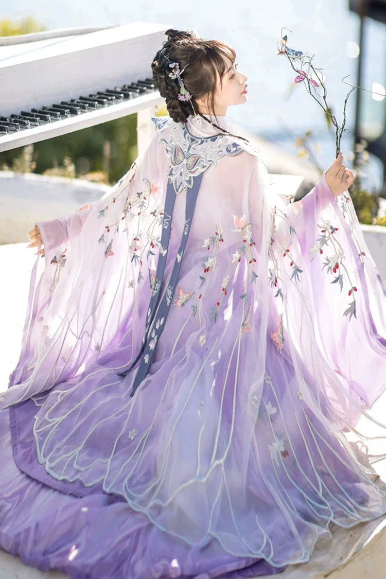 Purple Long Sleeves High Waisted Embroidery Women's Classic Chinese Style Hanfu Dress Full Set - Product - 2