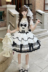 Black/White [Scarlet Heart Cocoa] Sleeveless Triple-Layered Ruffle Embroidery Bowknot Lace Sweet Lolita Jsk Dress - Product - 7