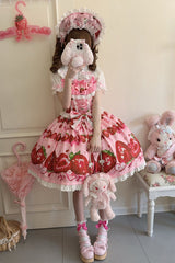 [Sweet Berry Tale] Strawberry Print Ruffle Bowknot Lace Sweet Lolita Jsk Dress 4 Colors - Product - 11