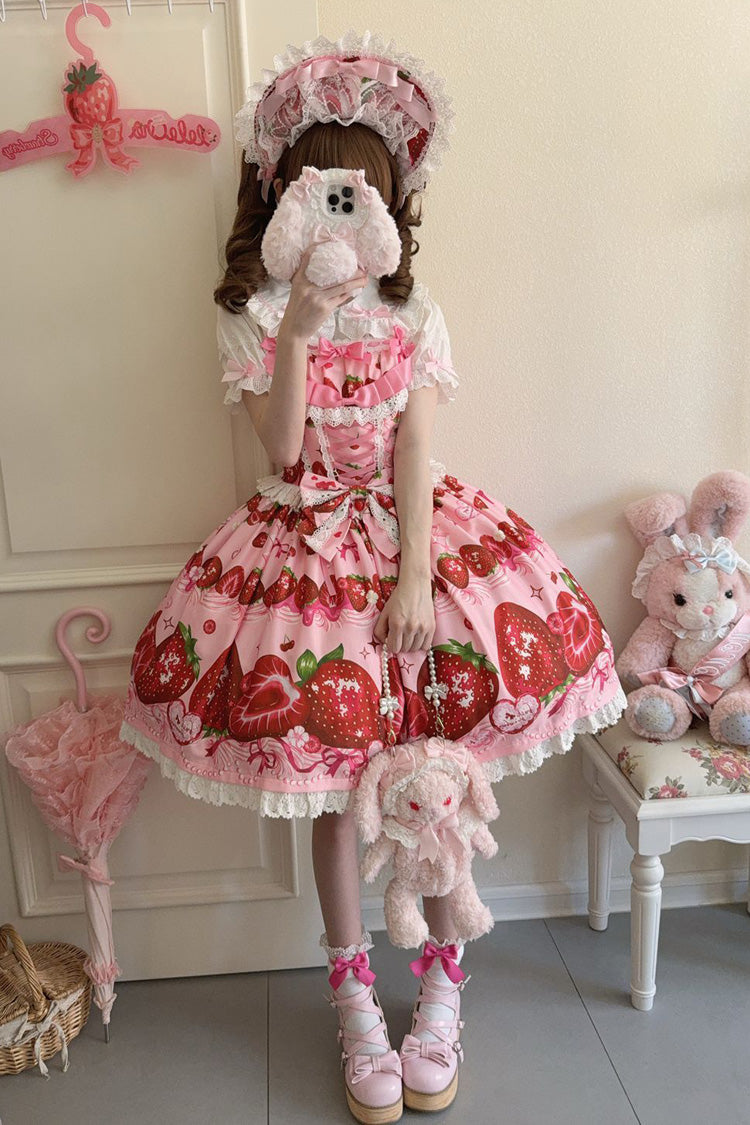 [Sweet Berry Tale] Strawberry Print Ruffle Bowknot Lace Sweet Lolita Jsk Dress 4 Colors - Product - 11