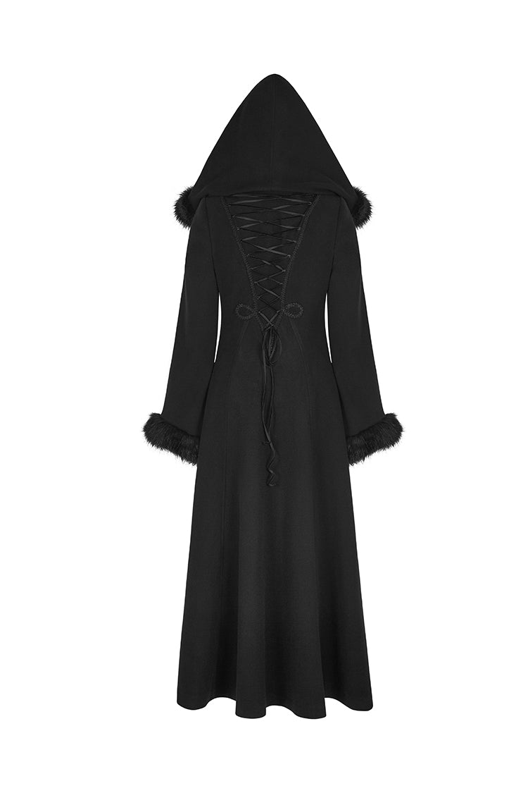 Black Hooded Print Womens Single-Breasted Long Maxi Gothic Coat - Product - 5