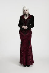 Black/Red Lapel Collar Long Trumpet Sleeves Lace Lace-Up Asymmetric Color-Blocked Women's Gothic Elegant Luxurious Royal Velvet Coat - Product - 5