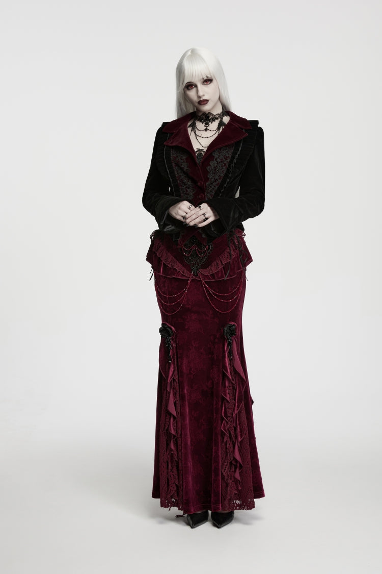 Black/Red Lapel Collar Long Trumpet Sleeves Lace Lace-Up Asymmetric Color-Blocked Women's Gothic Elegant Luxurious Royal Velvet Coat - Product - 5
