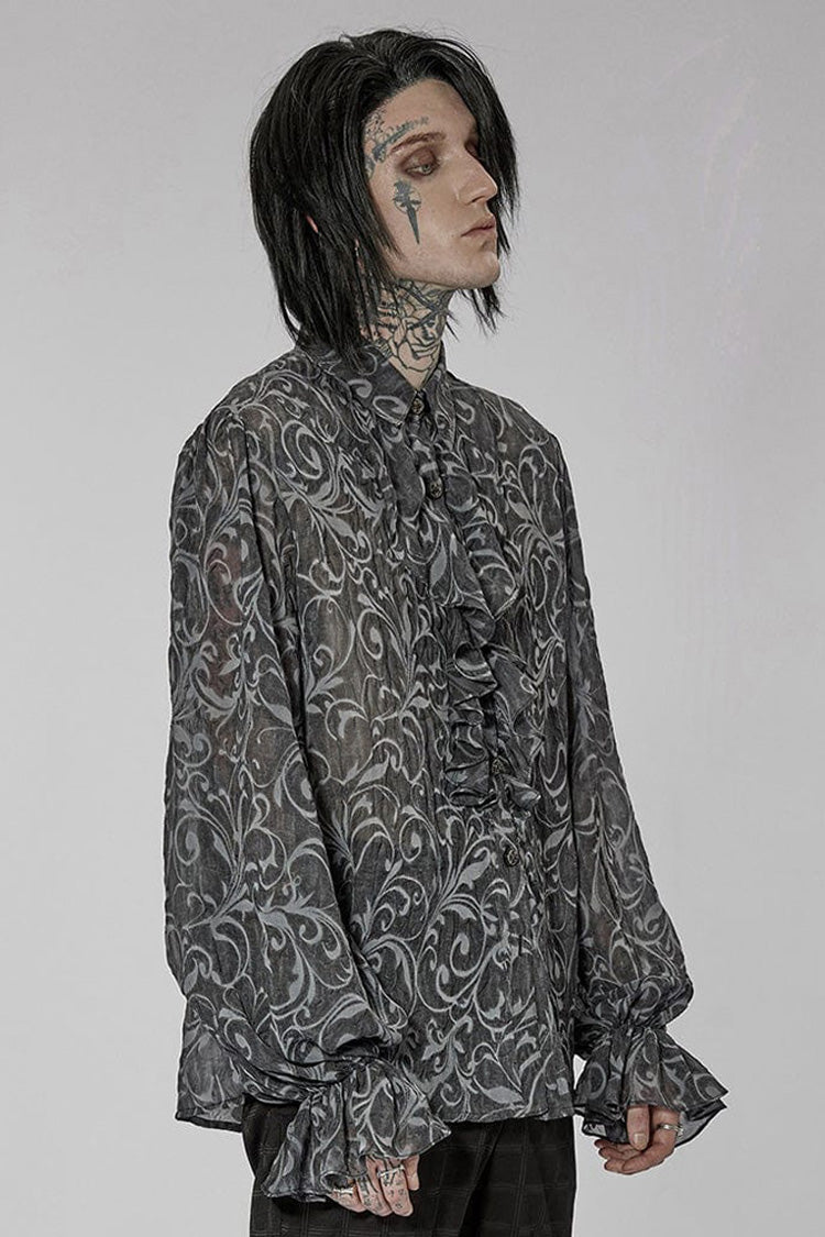 Gray Punk Chiffon Ruffle Stand Collar Wide Brimmed Lantern Sleeves Retro Relief Sculpture Embossing Men's Shirt - Product - 2