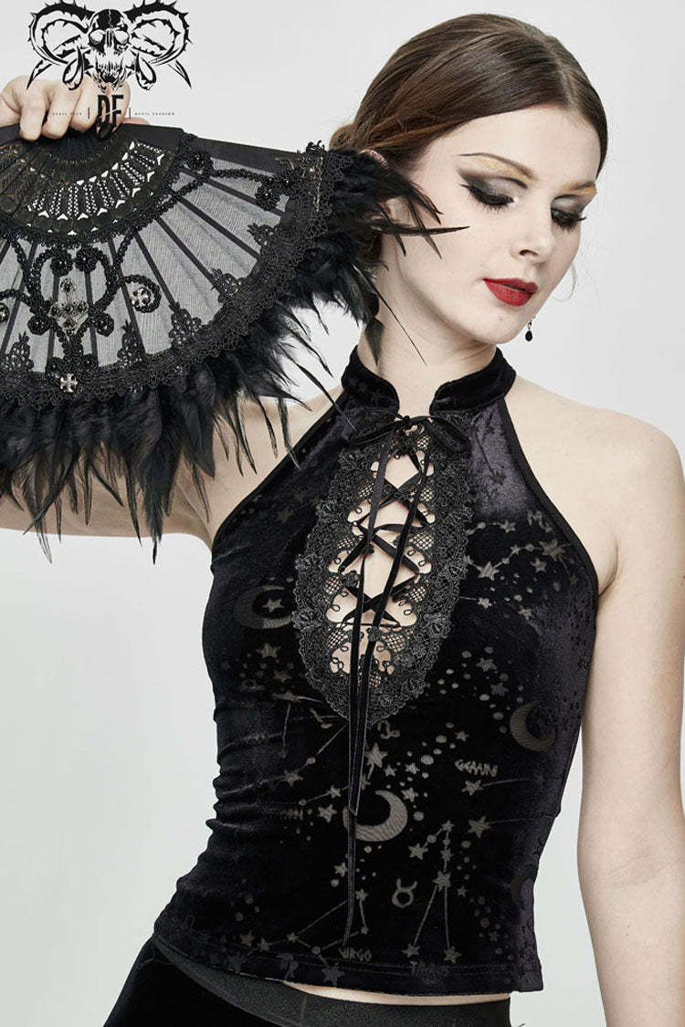 Black Stars And Moon Printing Chest Lace Up Dense Velvet Women's Gothic Vest - Product - 3