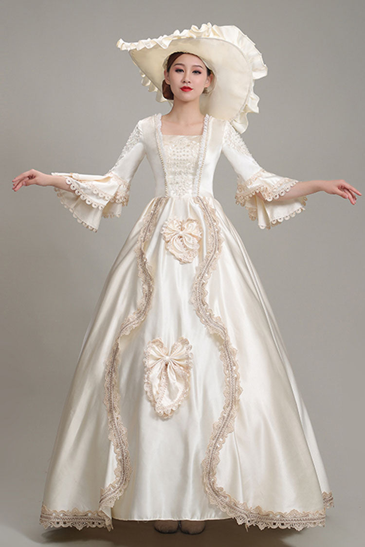 Champagne Multi-Layer Half Trumpet Sleeves High Waisted Bowknot Embroidery Floral Print Victorian Lolita Dress - Product - 2