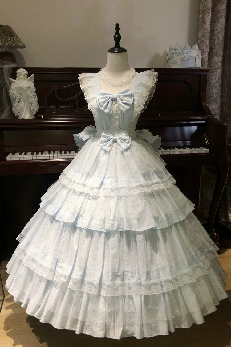 Blue [Aegean] Square Collar Flutter Sleeves Multi-Layered Ruffled Bow Sweet Lolita Jsk Dress Set - Product - 2